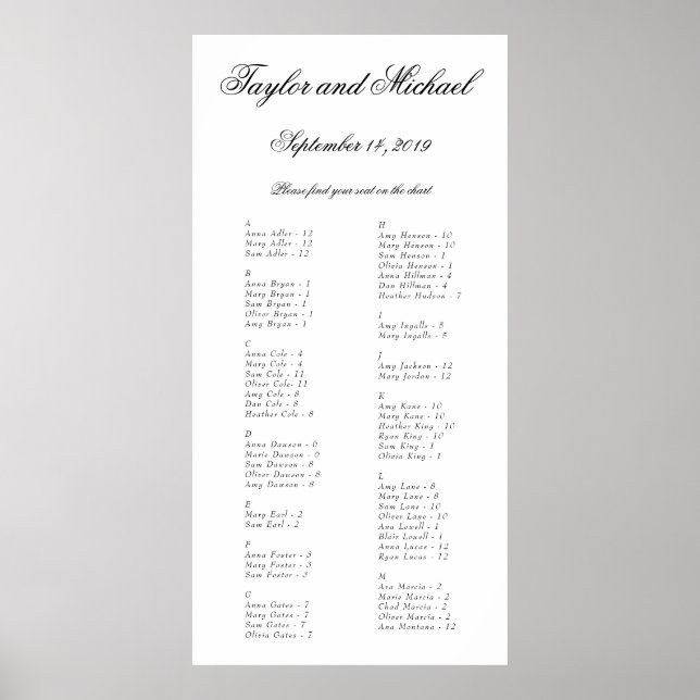 Elegant Simple Alphabetical Seating Chart A-M Poster (Vorne)