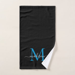 Elegant Simple Black Blue Monogram Script Name Handtuch