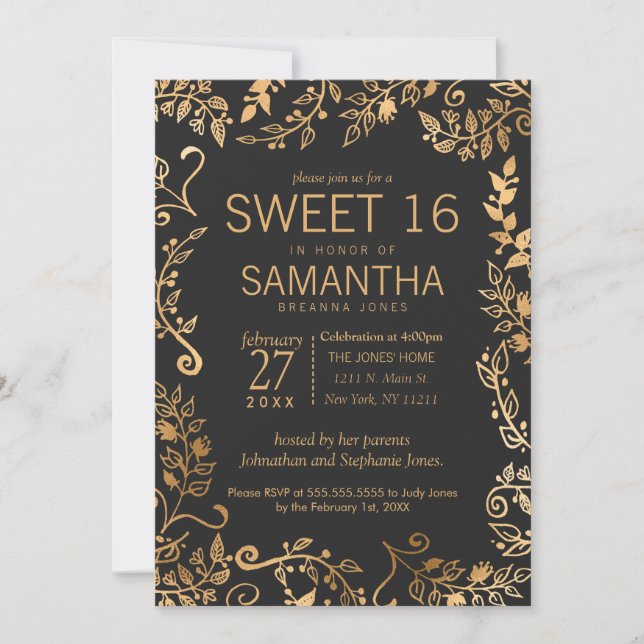 Elegant Simple Black Gold Floral Sweet 16 Einladung (Vorderseite)