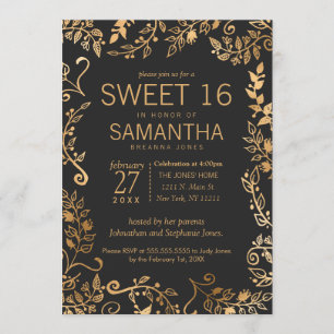 Elegant Simple Black Gold Floral Sweet 16 Einladung