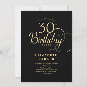 Elegant Simple Black Gold Script 30. Geburtstag Einladung