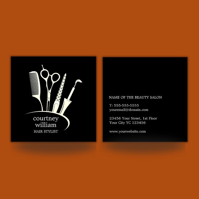 Elegant Simple Black Hair Stylist Quadratische Visitenkarte (Elegant Simple Black Hair Stylist Square Business Card)