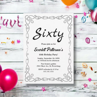Elegant Simple Black & White Floral 60. Geburtstag Einladung