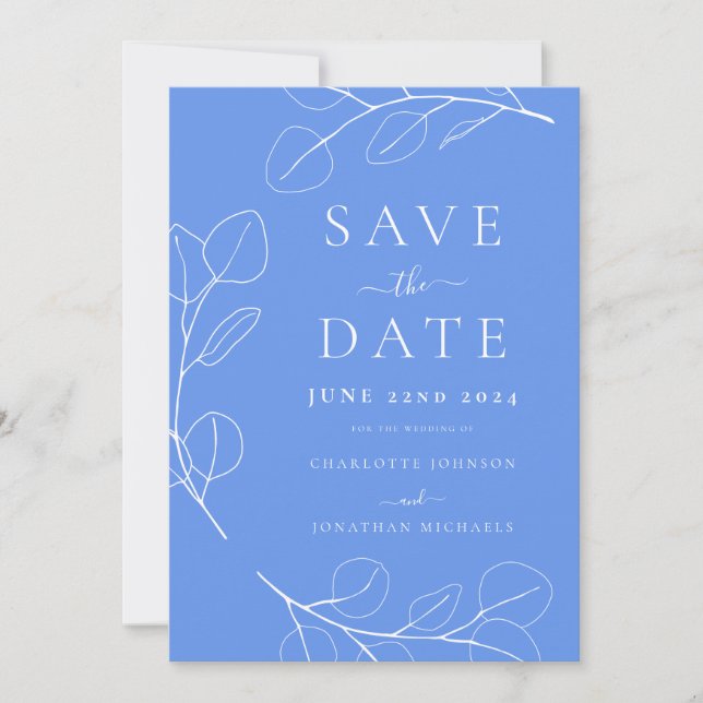 Elegant Simple Blätter Blue Wedding Save The Date (Vorderseite)