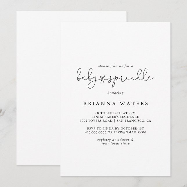 Elegant Simple Calligraphy Baby Sprinkle Einladung (Vorne/Hinten)