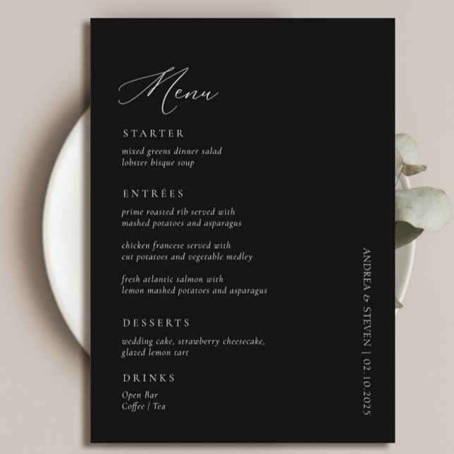 Elegant Simple Calligraphy Black Wedding Menükarte (Von Creator hochgeladen)