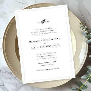 Elegant Simple Calligraphy Monogram White Wedding Einladung