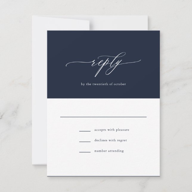 Elegant Simple Calligraphy Navy Blue Wedding RSVP Karte (Vorderseite)