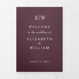 Elegant Simple Cherry Lacquer, Monogram Wedding Dreifach-gefaltete Programmkarte