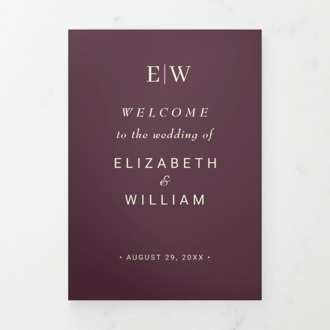 Elegant Simple Cherry Lacquer, Monogram Wedding Dreifach-gefaltete Programmkarte (Cover)