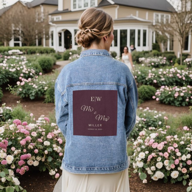 Elegant Simple Cherry Lacquer, Monogram Wedding Jeansjacke (Hochzeit Rückseite)