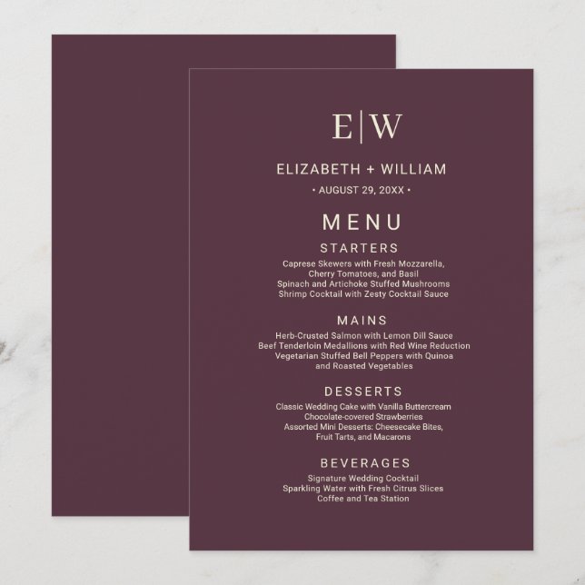 Elegant Simple Cherry Lacquer, Monogram Wedding Menükarte (Vorne/Hinten)