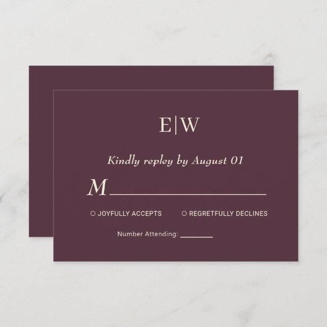 Elegant Simple Cherry Lacquer, Monogram Wedding RSVP Karte (Vorne/Hinten)
