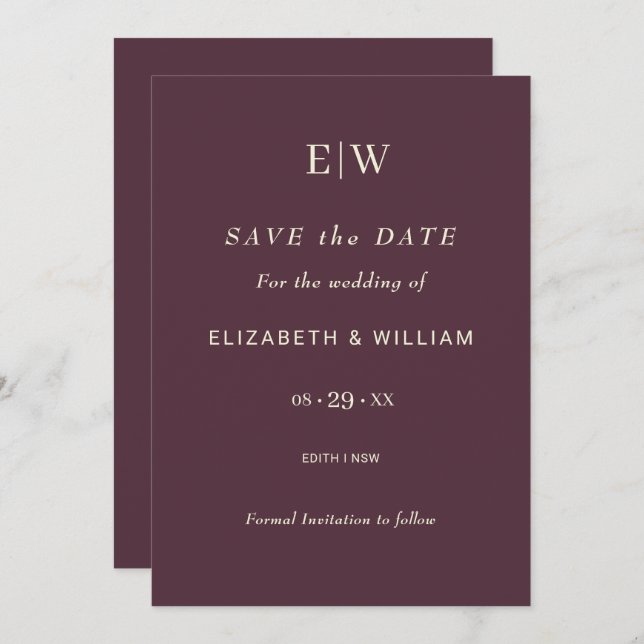 Elegant Simple Cherry Lacquer, Monogram Wedding Save The Date (Vorne/Hinten)
