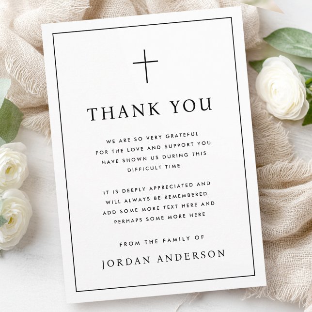 Elegant simple Christian cross funeral thin border Dankeskarte (Elegant simple Christian cross funeral thin border Thank You Card)