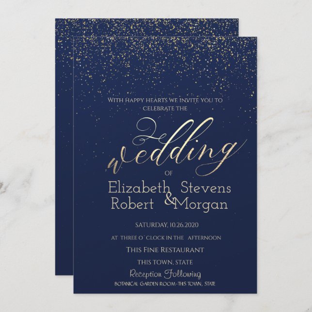 Elegant Simple Confetti Navy Blue Wedding Einladung (Vorne/Hinten)