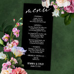 Elegant Simple Contemporary Typografy Black Menükarte<br><div class="desc">Die Besonderheit dieser Suite ist der zeitgenössische Schriftart der Handschrift, der für Akzente verwendet wird. In diesem Stück wurde diese elegante Schrift benutzt, um eine Grafik zu erstellen, die einfach "Menü" oben liest. Verwenden Sie die Vorlagenfelder zum Hinzufügen Ihrer persönlichen Daten. Der Hintergrund kann in eine beliebige Farbe geändert werden....</div>