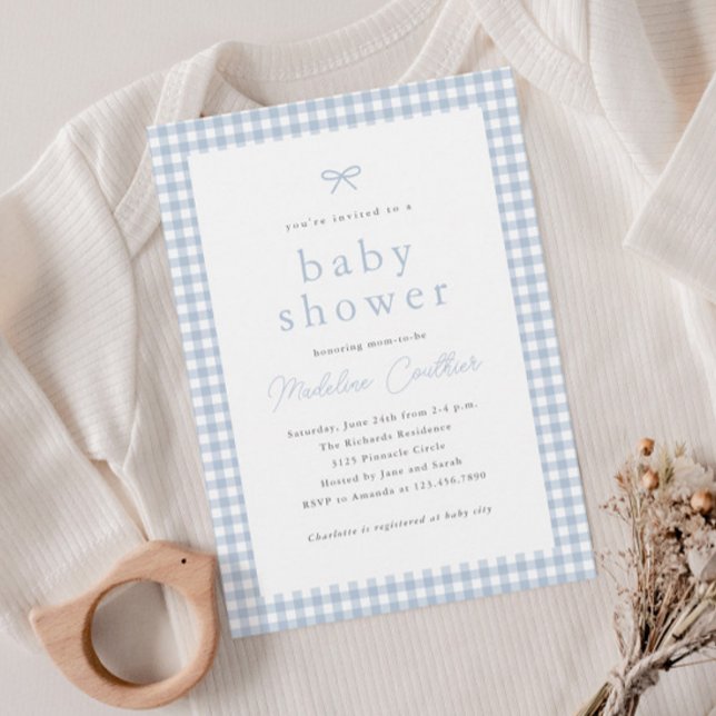 Elegant Simple Dusty Blue Boys Baby Shower (Gingham check dusty blue budget boys baby shower invitations.)