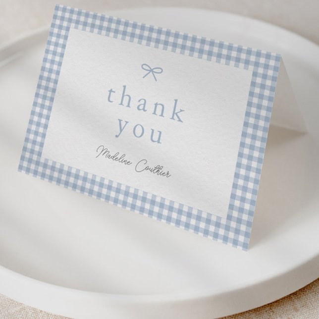 Elegant Simple Dusty Blue Boys Baby Shower Dankeskarte (Dusty blue bow gingham baby shower thank you card.)