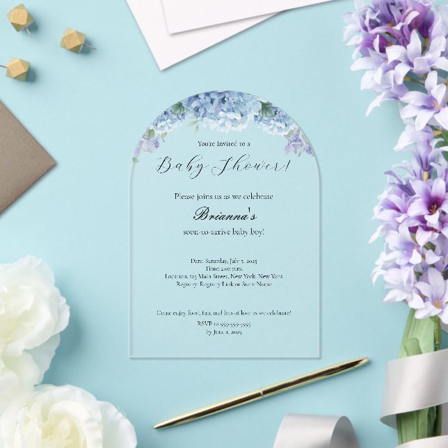 Elegant Simple Dusty Blue Floral Boy Baby Shower Acryleinladungen (Insitu (Hochzeit))