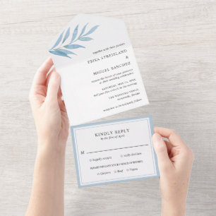 Elegant Simple Eucalyptus Dusty Blue Wedding All In One Einladung