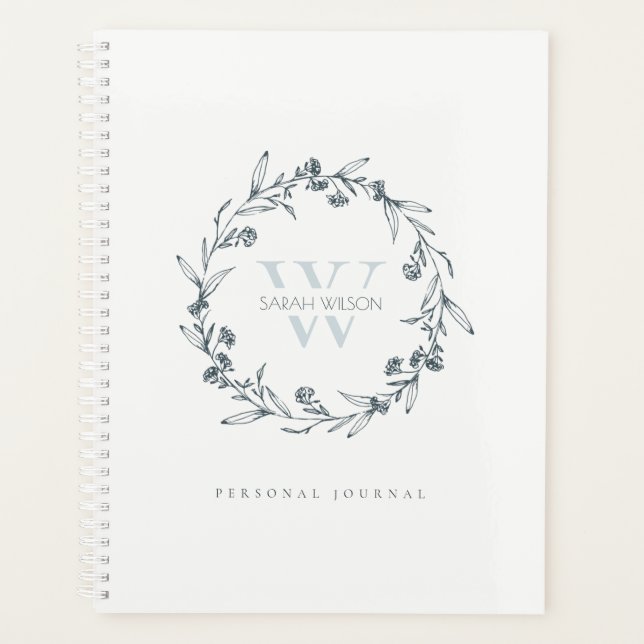 Elegant Simple Floral Laurel Wreath Monogram Planer (Vorderseite)