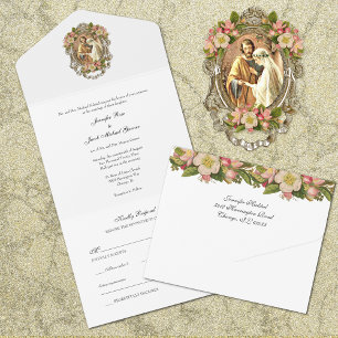 Elegant Simple Gold Katholic Floral Wedding All I All In One Einladung