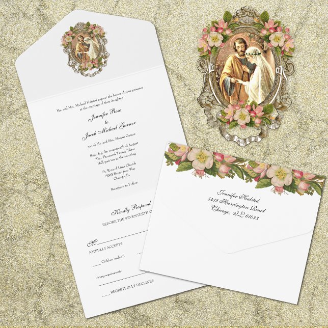 Elegant Simple Gold Katholic Floral Wedding All I All In One Einladung (Von Creator hochgeladen)