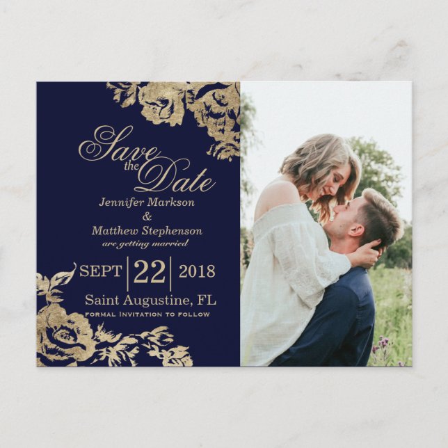 Elegant Simple Gold Navy Blue Floral Save the Date Ankündigungspostkarte (Vorderseite)