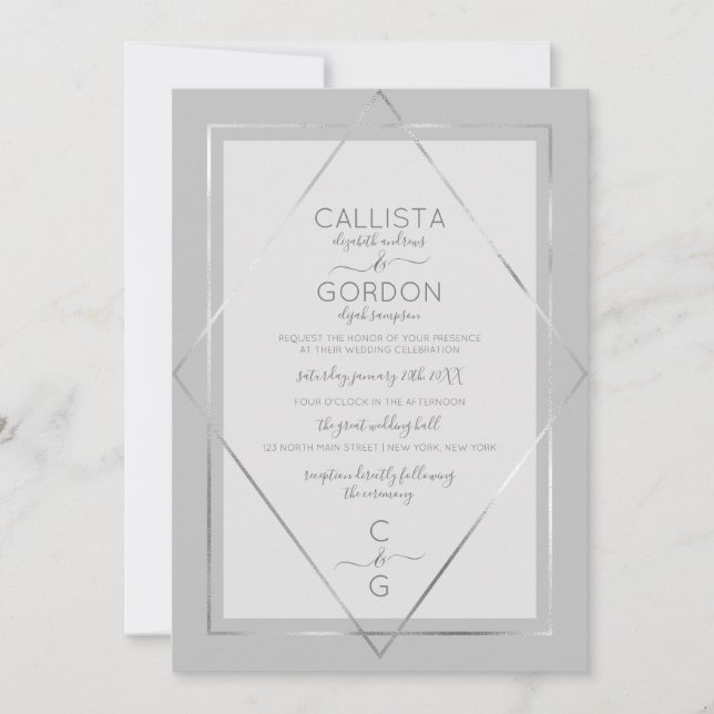 Elegant Simple Gray Silver Geo Border Wedding Einladung (Vorderseite)