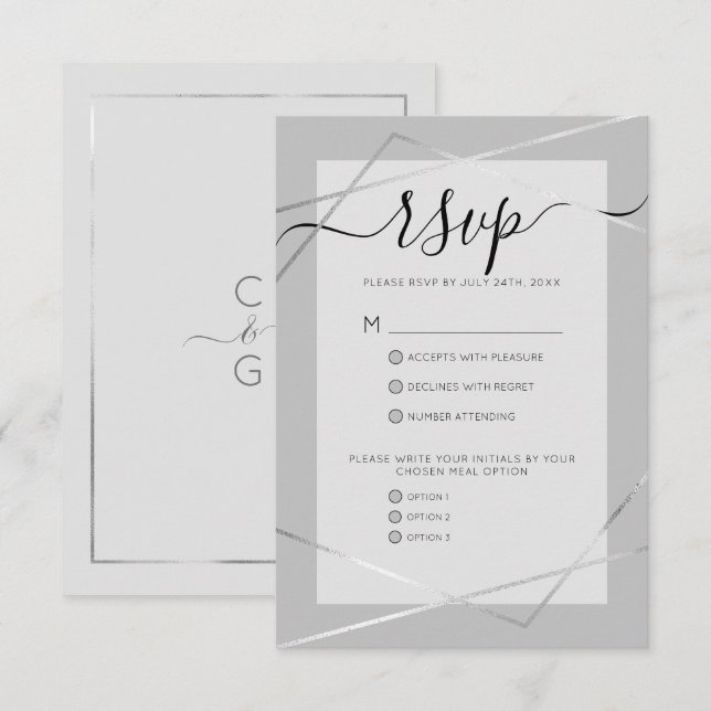 Elegant Simple Gray Silver Geo Border Wedding RSVP Karte (Vorne/Hinten)