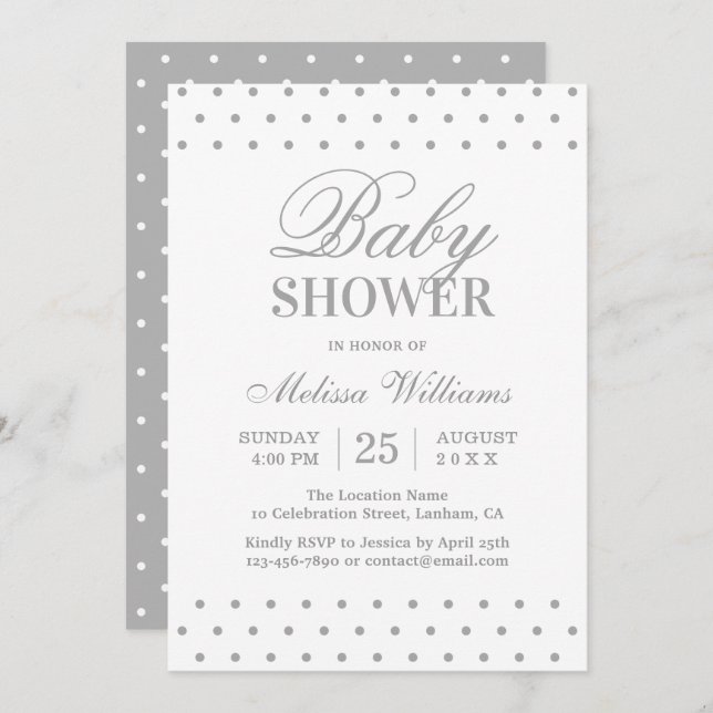 Elegant Simple Gray White Dots Script Baby Dusche Einladung (Vorne/Hinten)