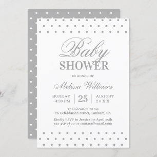 Elegant Simple Gray White Dots Script Baby Dusche Einladung