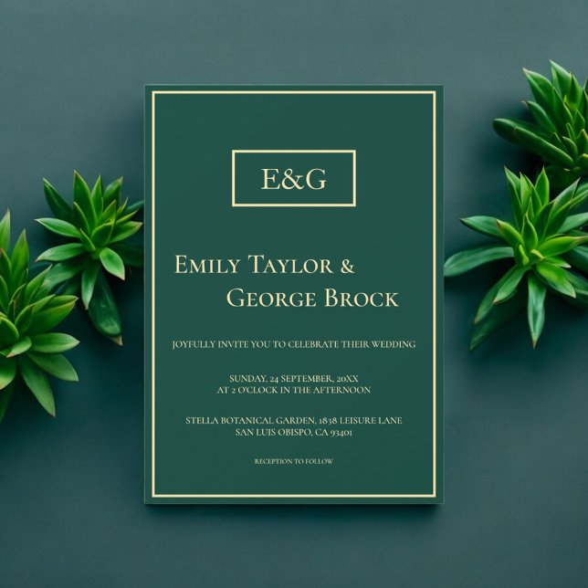 Elegant Simple Green Gold Monogram Modern Wedding Einladung (Von Creator hochgeladen)