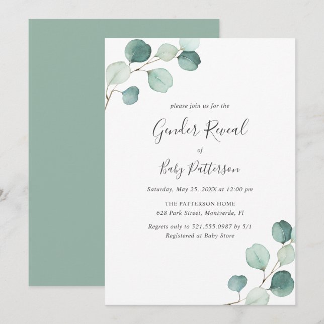 Elegant Simple Greenery Eucalyptus Gender Reveal Einladung (Vorne/Hinten)