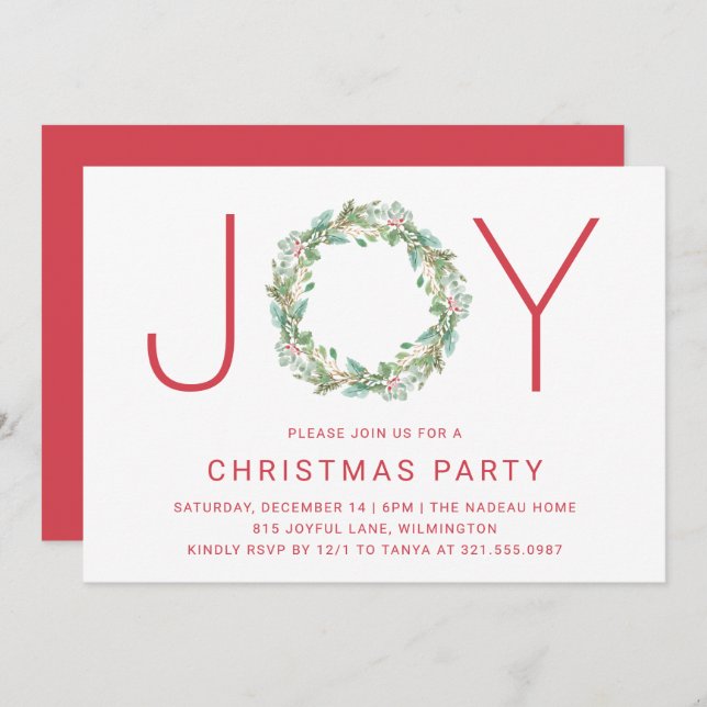 Elegant Simple Joy Wreath Christmas Party Einladung (Vorne/Hinten)