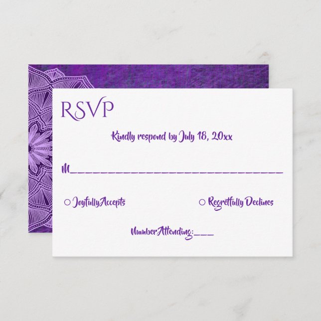 Elegant Simple Lila Calligraphy Mandala Wedding RSVP Karte (Vorne/Hinten)