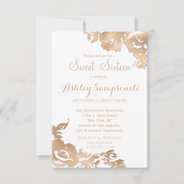 Elegant Simple Modern Gold White Floral Sweet 16 Einladung (Vorderseite)