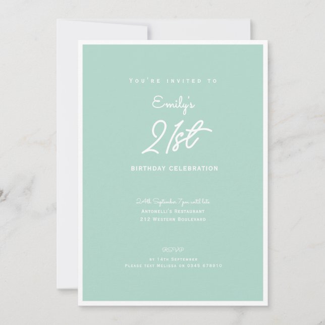 Elegant Simple Modern Mint 21st Birthday Party Einladung (Vorderseite)