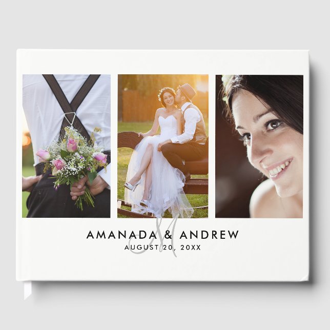 Elegant Simple Modern Monogram 3 Fotos Wedding Gästebuch (Vorderseite)