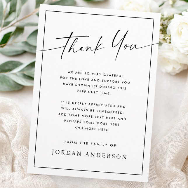 Elegant simple modern script thin border funeral dankeskarte (Elegant simple modern script thin border funeral thank you card)