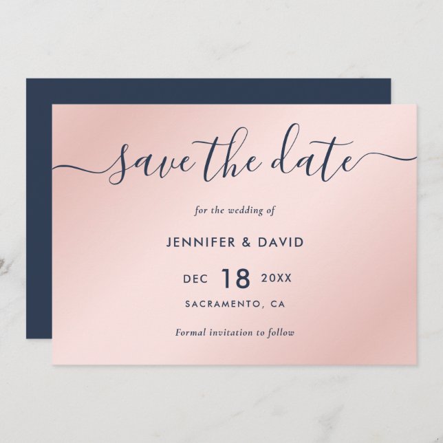 Elegant Simple Navy Blue and Blush Wedding Save The Date (Vorne/Hinten)