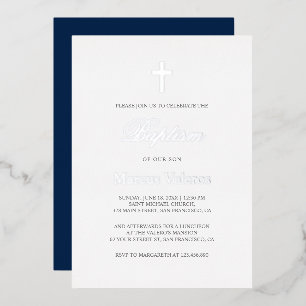 Elegant Simple Navy Blue Silber Cross Taufe Folieneinladung