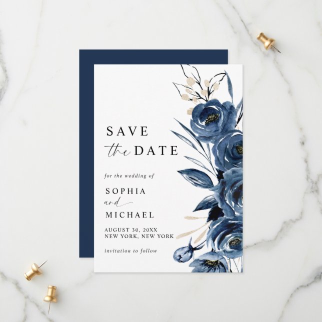 Elegant Simple Navy Blue Watercolor Wedding  Save The Date (Vorderseite/Rückseite Beispiel)