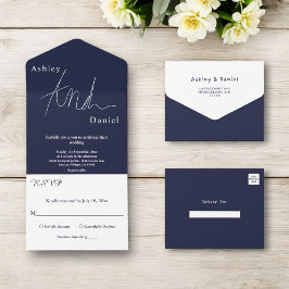 Elegant Simple Navy Blue White Calligraphy Wedding All In One Einladung