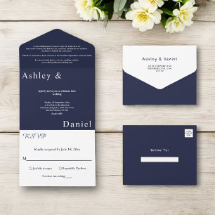 Elegant Simple Navy Blue White Luxury Chic Wedding All In One Einladung