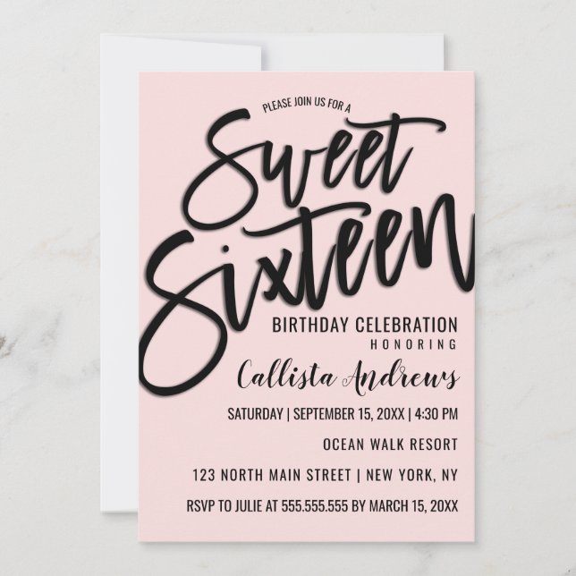 Elegant Simple Pink and Black Typografy Sweet 16 Einladung (Vorderseite)