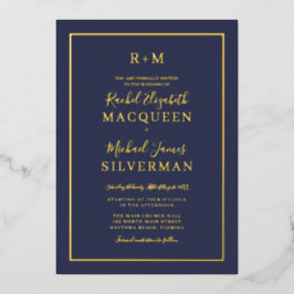 Elegant Simple Real Gold Border Navy Blue Wedding Folieneinladung
