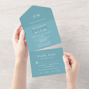 Elegant Simple Retro Blue mit Monogram Wedding All In One Einladung