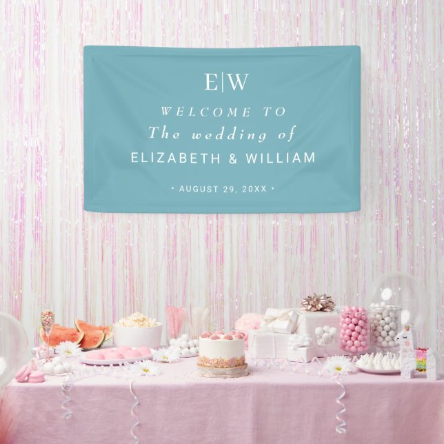 Elegant Simple Retro Blue mit Monogram Wedding Banner (Party)